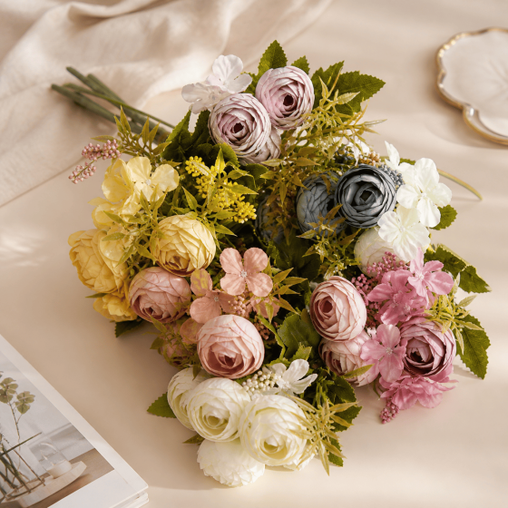 Mixed Artificial Ranunculus and Rose Bouquet for Decoration